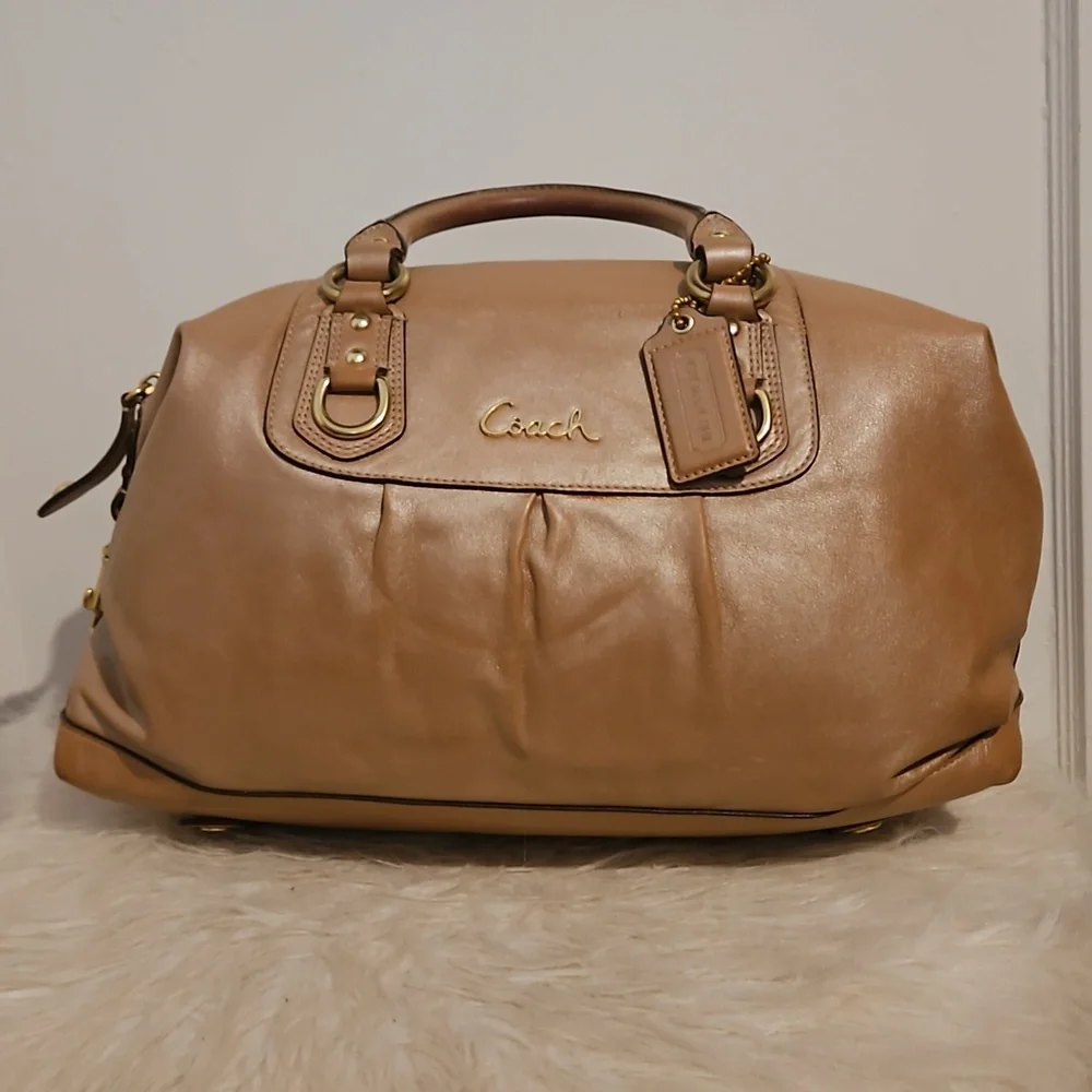 Coach Ashley Shimmery Tan Or Metallic Gold Bronze Leather Script Satchel F15447 - Picture 7 of 12